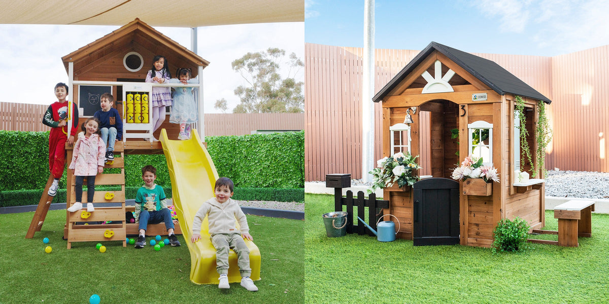 Kids playing at a backyard cubby house