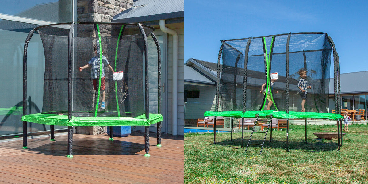 Kids playing on backyard trampolines