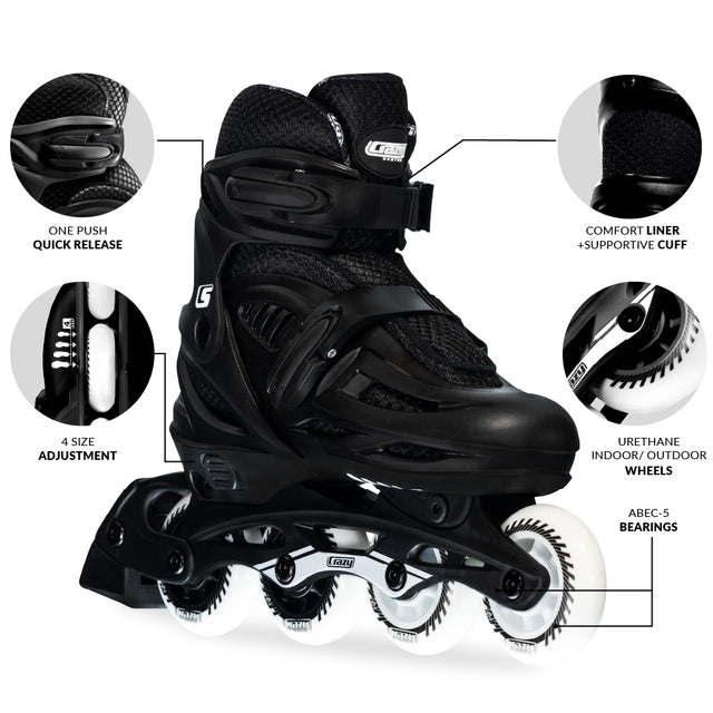 Crazy Skates Blade Black  Size Adjustable Inline Skates