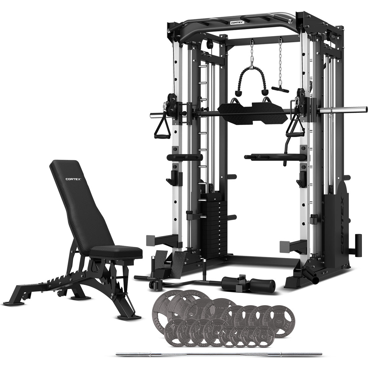 Corex Machine CORTEX SM-25 6-In-1 Power Rack with Smith & Cable Machine + BN-9 Bench ...